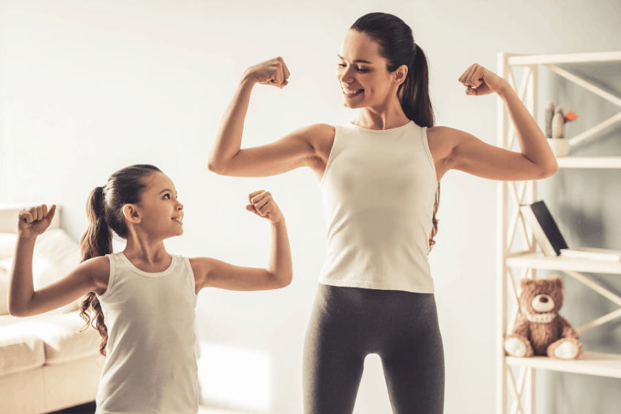 mom and kid working out