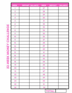 52 week challenge printable savings tracker