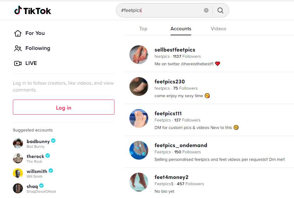 screenshot of feet pic accounts from tiktok