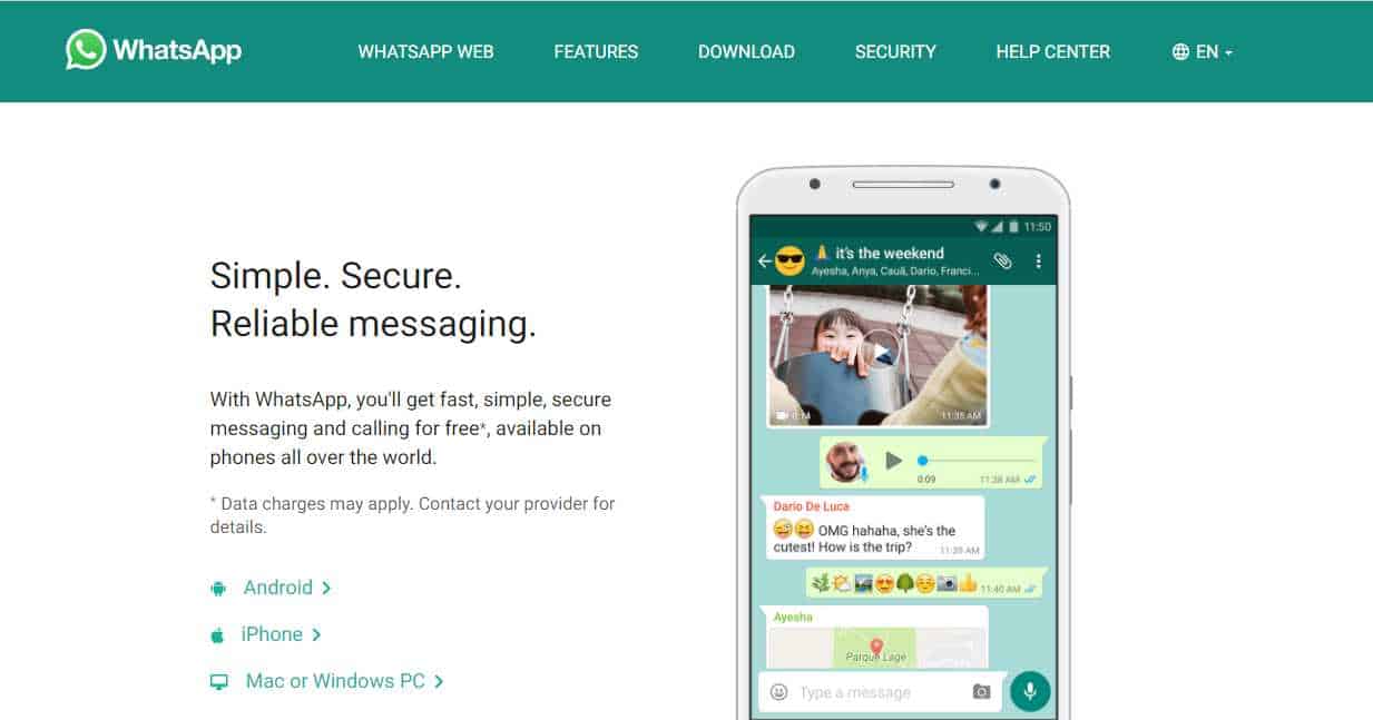 screenshot of whatsapp home page