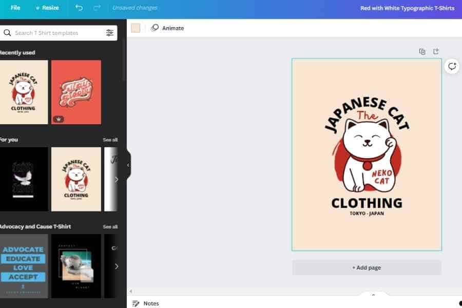 screenshot of canva pro tshirt template