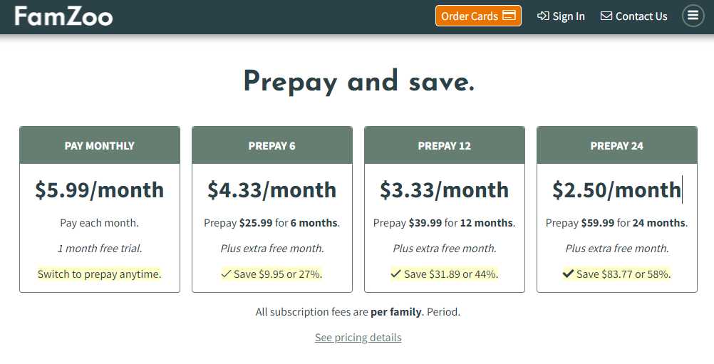 Famzoo prepaid debit card pricing chart