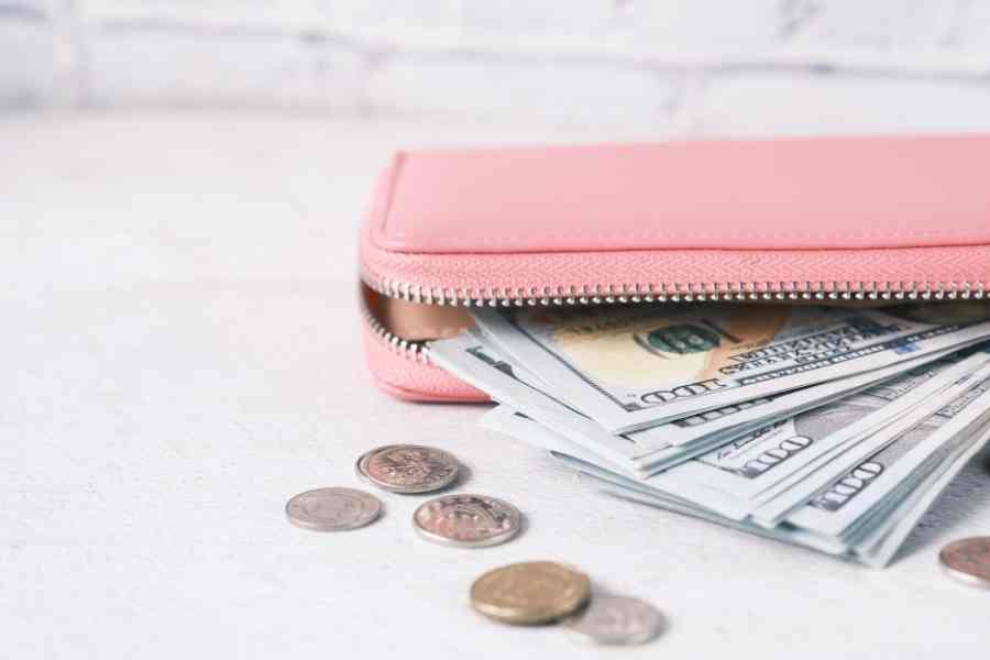 pink wallet with cash and coins